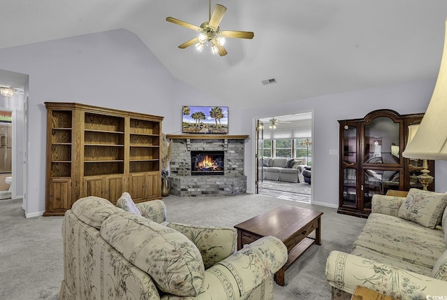 552 Enoree Ct, Myrtle Beach, SC 29588 - carpeted living room featuring a glass covered fireplace, baseboards, a ceiling fan, and visible vents