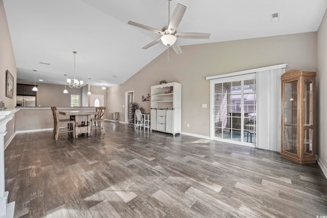 103 Teal Ct, Myrtle Beach, SC 29588 - living room with wood finished floors, healthy amount of natural light, a ceiling fan, a chandelier, and high vaulted ceiling