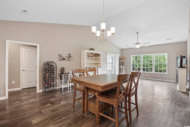 103 Teal Ct, Myrtle Beach, SC 29588 - dining room with a chandelier, wood finished floors, ceiling fan, baseboards, and high vaulted ceiling