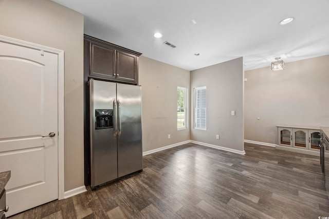 103 Teal Ct, Myrtle Beach, SC 29588 - kitchen featuring stainless steel fridge with ice dispenser, dark wood-style flooring, dark brown cabinets, baseboards, and recessed lighting