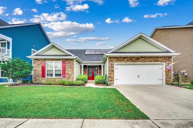 1286 Culbertson Ave, Myrtle Beach, SC 29577 - craftsman-style house with stone siding, a front lawn, solar panels, and concrete driveway