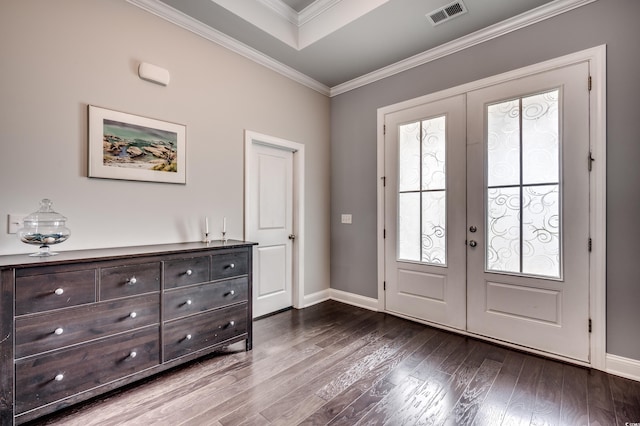1286 Culbertson Ave, Myrtle Beach, SC 29577 - entrance foyer with french doors, dark wood finished floors, and crown molding