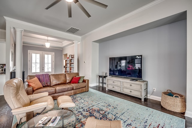 1286 Culbertson Ave, Myrtle Beach, SC 29577 - living area with decorative columns, ornamental molding, ceiling fan, wood finished floors, and french doors