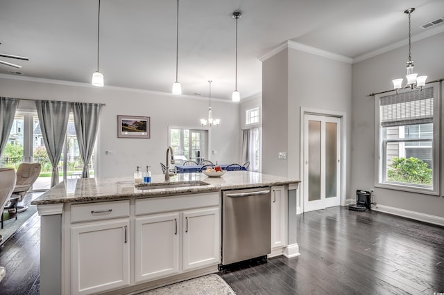 1286 Culbertson Ave, Myrtle Beach, SC 29577 - kitchen featuring a chandelier, dishwasher, dark wood finished floors, ornamental molding, and white cabinetry