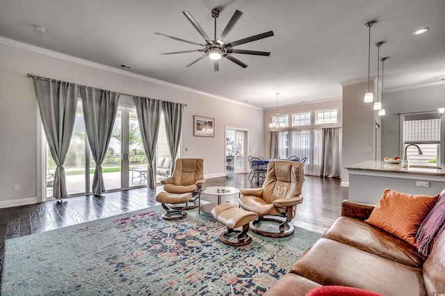 1286 Culbertson Ave, Myrtle Beach, SC 29577 - living area featuring ornamental molding, ceiling fan, wood finished floors, a chandelier, and recessed lighting