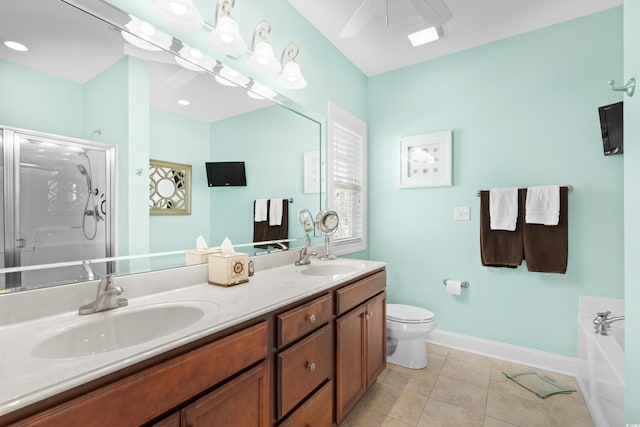 bathroom featuring baseboards, a shower with shower door, double vanity, a garden tub, and tile patterned floors