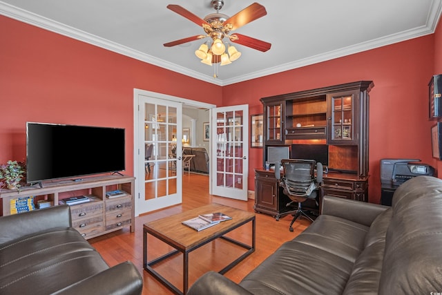 living room with french doors, an office area, crown molding, ceiling fan, and wood finished floors