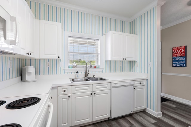 5751 Oyster Catcher Dr Unit 334, North Myrtle Beach, SC 29582 - kitchen featuring white appliances, wallpapered walls, ornamental molding, dark wood-style flooring, and white cabinets