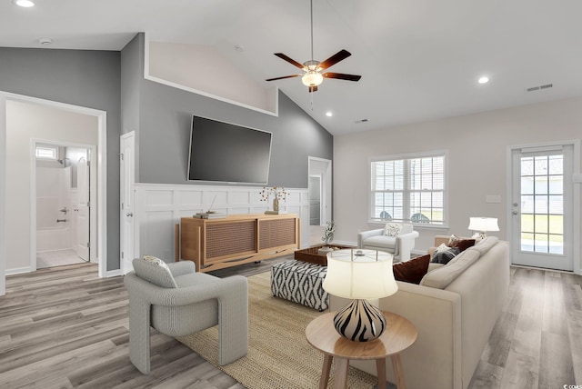 383 Hayloft Cir, Conway, SC 29526 - living area with light wood-style floors, a ceiling fan, plenty of natural light, high vaulted ceiling, and recessed lighting