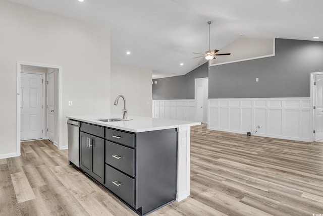 383 Hayloft Cir, Conway, SC 29526 - kitchen with a sink, ceiling fan, light wood-style floors, light countertops, and dishwasher