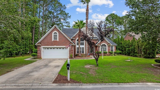 180 Waterhall Dr, Murrells Inlet, SC 29576 - traditional-style home featuring driveway, brick siding, a front lawn, and a garage
