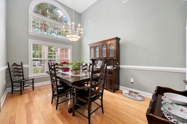 180 Waterhall Dr, Murrells Inlet, SC 29576 - dining space featuring light wood-style floors, high vaulted ceiling, plenty of natural light, baseboards, and a chandelier