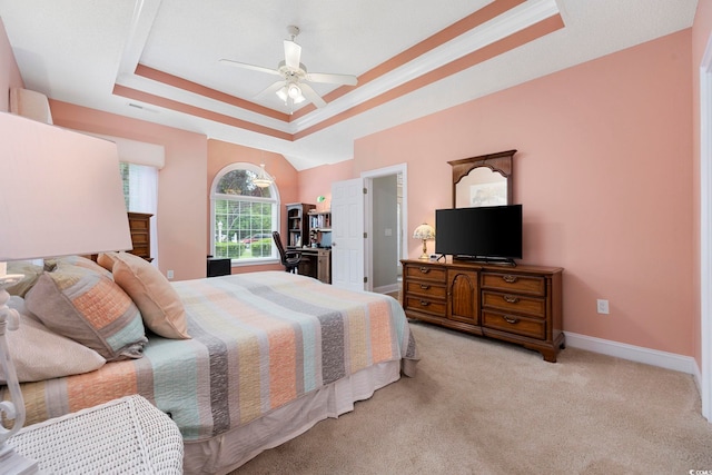 180 Waterhall Dr, Murrells Inlet, SC 29576 - carpeted bedroom with a raised ceiling, baseboards, and a ceiling fan