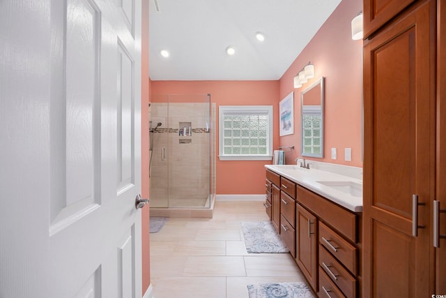 180 Waterhall Dr, Murrells Inlet, SC 29576 - full bath with a shower stall, double vanity, recessed lighting, baseboards, and tile patterned floors