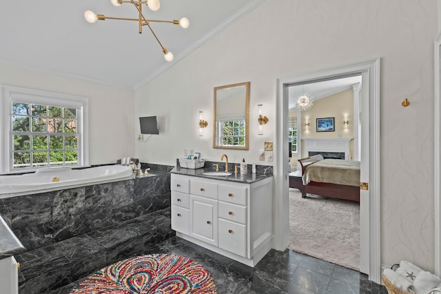 4003 N Ocean Blvd, Myrtle Beach, SC 29577 - full bath with marble finish floor, crown molding, lofted ceiling, and a chandelier
