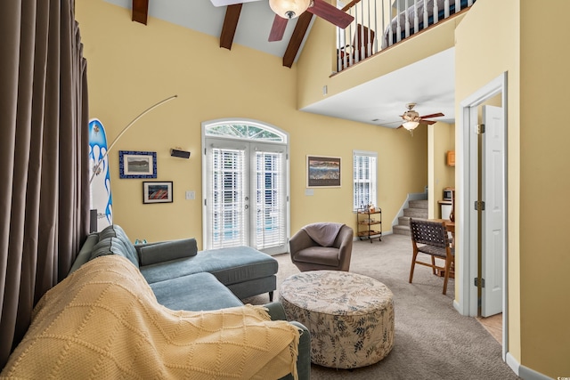 4003 N Ocean Blvd, Myrtle Beach, SC 29577 - living room with a ceiling fan, french doors, high vaulted ceiling, and light colored carpet