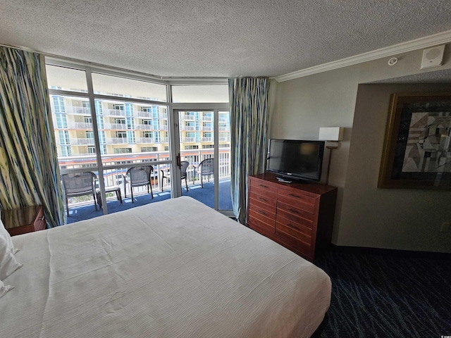 5300 N Ocean Blvd Unit 518, Myrtle Beach, SC 29577 - bedroom featuring a textured ceiling, a wall of windows, ornamental molding, and access to outside