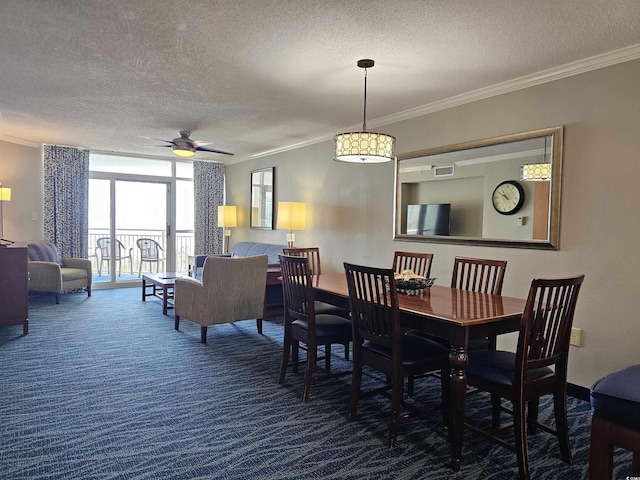 5300 N Ocean Blvd Unit 518, Myrtle Beach, SC 29577 - carpeted dining room featuring a textured ceiling, a wall of windows, ornamental molding, and ceiling fan