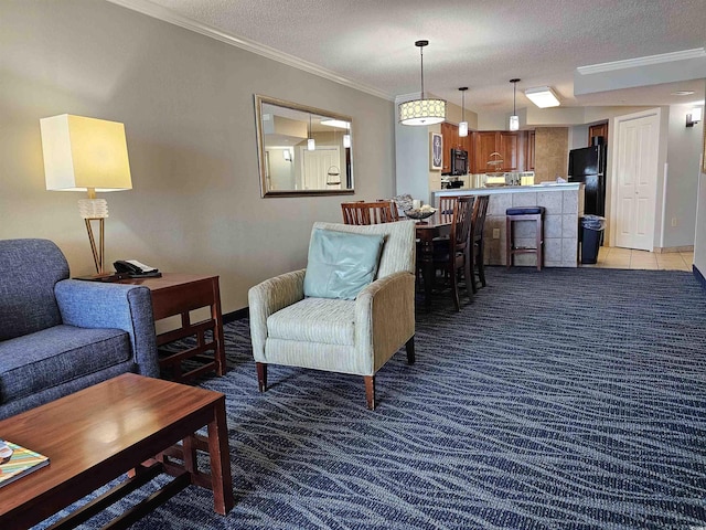 5300 N Ocean Blvd Unit 518, Myrtle Beach, SC 29577 - living area featuring crown molding, a textured ceiling, light carpet, and baseboards