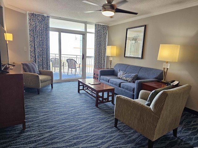 5300 N Ocean Blvd Unit 518, Myrtle Beach, SC 29577 - living room with floor to ceiling windows, crown molding, carpet flooring, ceiling fan, and a textured ceiling