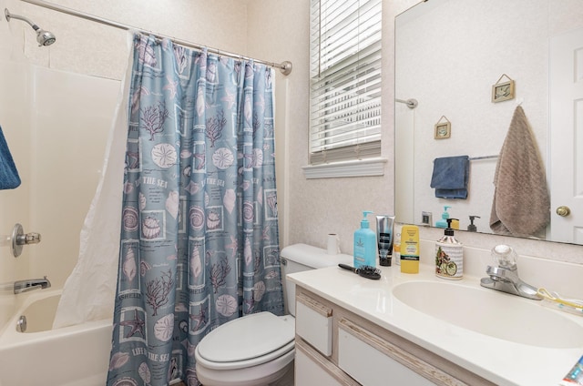 full bath featuring toilet, shower / bath combination with curtain, and vanity