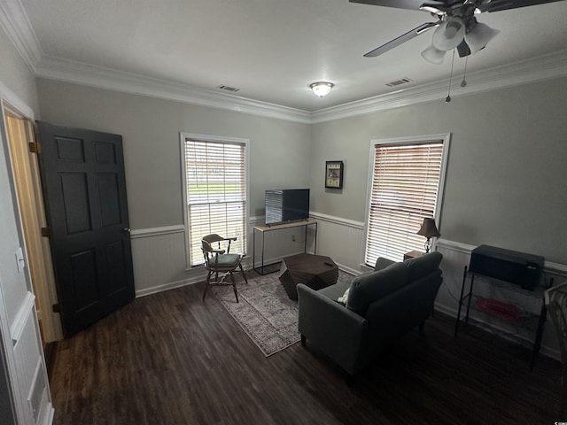 207 E Bobby Gerald Pkwy, Marion, SC 29571 - home office featuring wood finished floors, crown molding, ceiling fan, and wainscoting