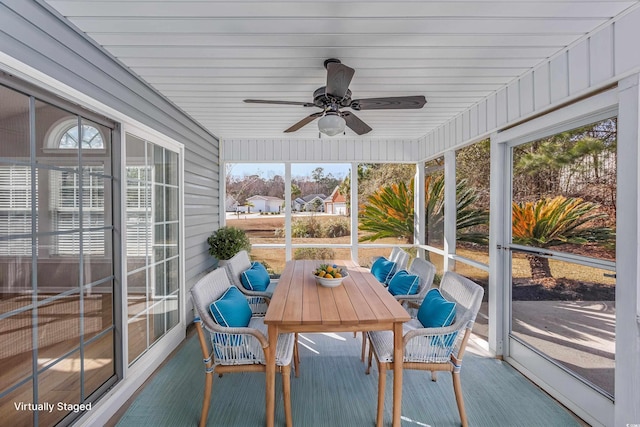 229 Duchess Ct, Myrtle Beach, SC 29588 - sunroom featuring a ceiling fan, outdoor dining space, and plenty of natural light