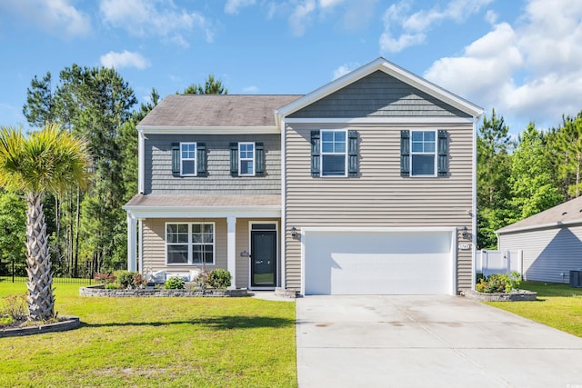 view of front facade featuring a garage, a front lawn, driveway, and central AC