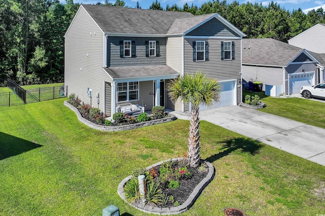 view of front facade featuring a porch, roof with shingles, concrete driveway, and a garage