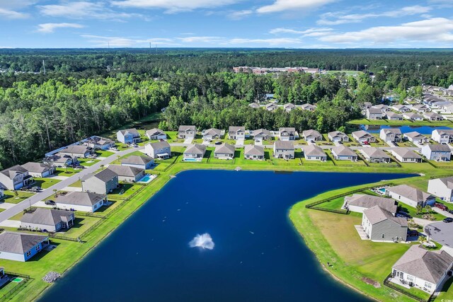 aerial view of residential area featuring a forest and a large body of water