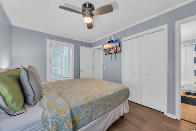 9400 Shore Dr Unit 206, Myrtle Beach, SC 29572 - bedroom featuring wood finished floors, baseboards, and a ceiling fan