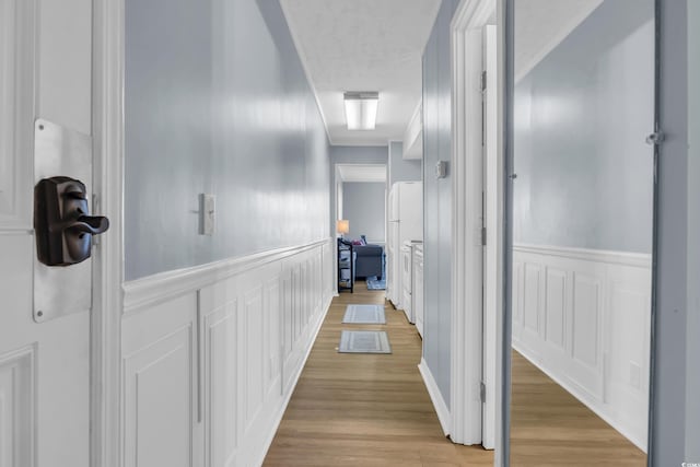9400 Shore Dr Unit 206, Myrtle Beach, SC 29572 - hallway featuring a decorative wall, light wood finished floors, and a wainscoted wall