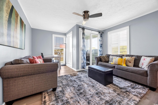 9400 Shore Dr Unit 206, Myrtle Beach, SC 29572 - living room with wood finished floors, ceiling fan, a textured ceiling, and baseboards