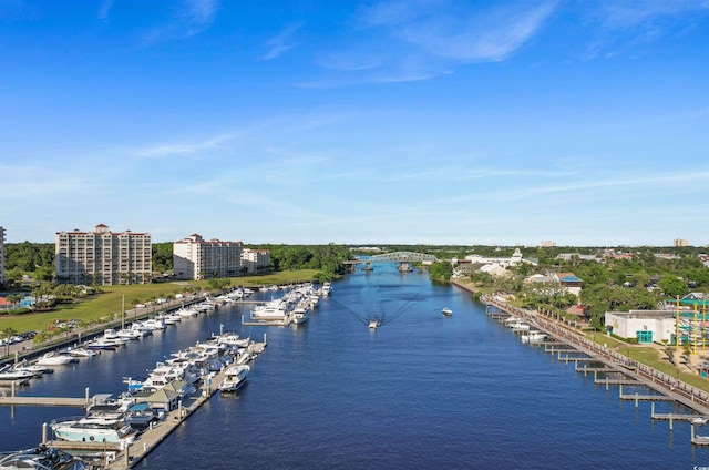 aerial view of a nearby body of water and a notable bridge