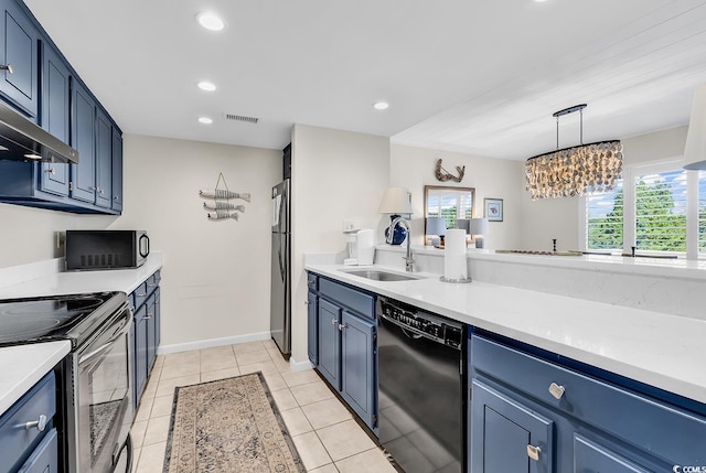kitchen with black appliances, a sink, blue cabinets, light countertops, and plenty of natural light