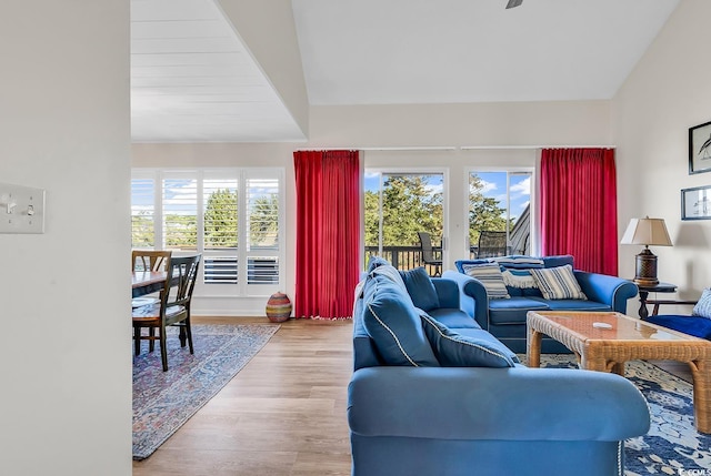 living area with plenty of natural light, wood finished floors, and vaulted ceiling