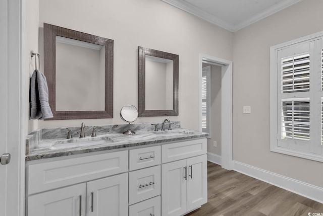 full bath featuring crown molding, wood finished floors, plenty of natural light, double vanity, and baseboards