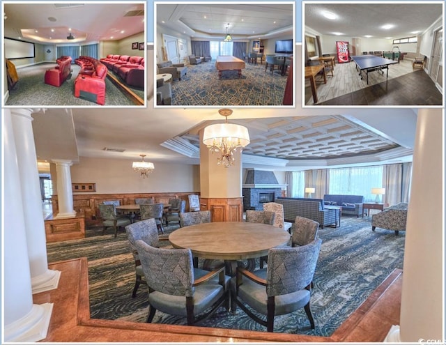 9650 Shore Dr Unit 1203, Myrtle Beach, SC 29572 - dining area featuring ornate columns, a tray ceiling, a fireplace, and a chandelier