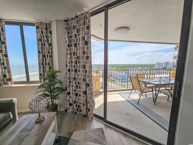 9650 Shore Dr Unit 1203, Myrtle Beach, SC 29572 - interior space with wood finished floors, a textured ceiling, baseboards, and a water view