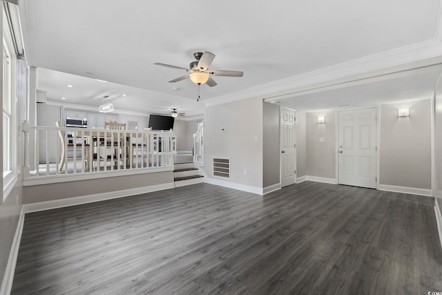 1720 Horry St, Conway, SC 29526 - unfurnished living room featuring a ceiling fan, recessed lighting, dark wood-style floors, baseboards, and crown molding