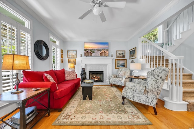living area featuring wood finished floors, stairs, a lit fireplace, a ceiling fan, and ornamental molding