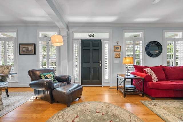 living area with wood finished floors, ornamental molding, and baseboards