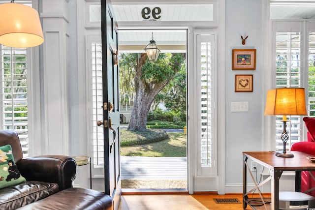entryway featuring plenty of natural light, wood finished floors, and baseboards