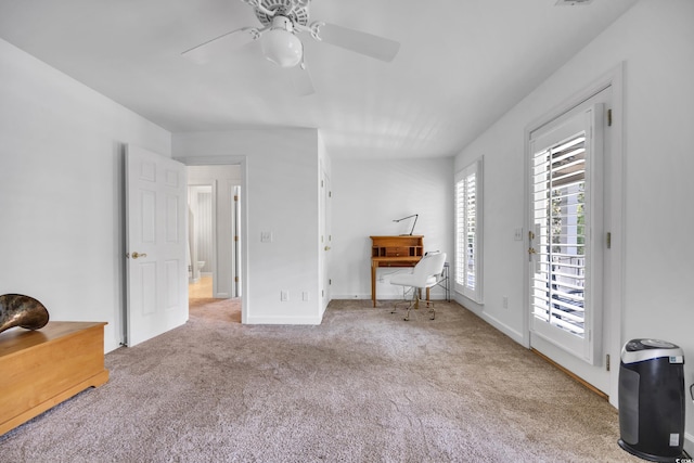 bedroom with access to outside, carpet, ceiling fan, and baseboards