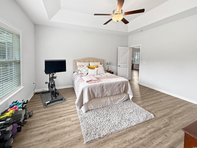 bedroom with a tray ceiling, wood finished floors, baseboards, and ceiling fan