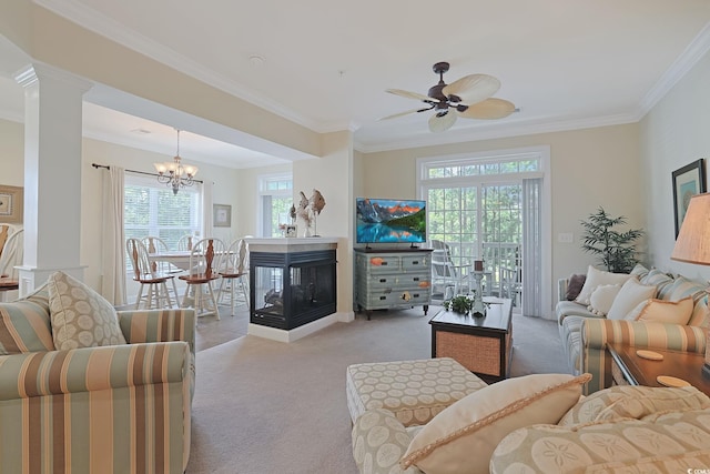 719 Shearwater Ct Unit 301, Murrells Inlet, SC 29576 - living area featuring carpet, ornamental molding, a chandelier, ceiling fan, and a multi sided fireplace