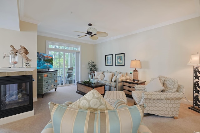 719 Shearwater Ct Unit 301, Murrells Inlet, SC 29576 - living area with carpet floors, crown molding, ceiling fan, and a tiled fireplace