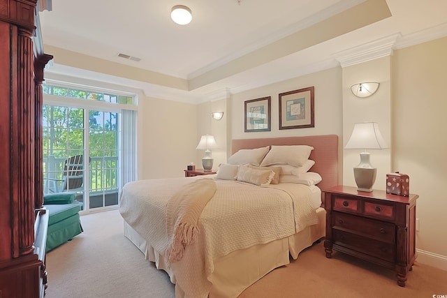 719 Shearwater Ct Unit 301, Murrells Inlet, SC 29576 - bedroom with light colored carpet, access to outside, crown molding, and a raised ceiling