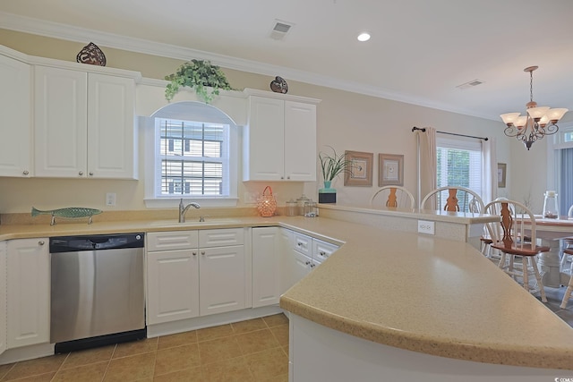 719 Shearwater Ct Unit 301, Murrells Inlet, SC 29576 - kitchen featuring dishwasher, a sink, a chandelier, a peninsula, and white cabinets