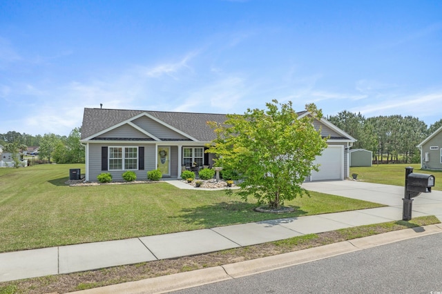 view of front facade with driveway, a front yard, an attached garage, a shingled roof, and central air condition unit